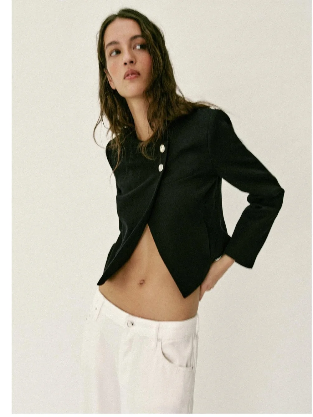 Zara Classic Black Cropped Jacket with Pearl Buttons